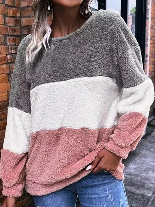 Color Block Round Neck Long Sleeve Sweatshirt - In Style Chics Boutique LLC