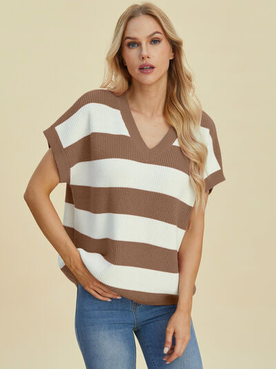 Women's Striped V-Neck Short Sleeve Sweater - In Style Chics Boutique Online Clothing 