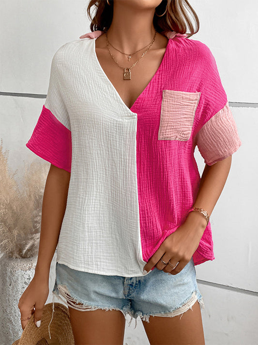 Color Block Johnny Collar Short Sleeve Blouse - In Style Chics Boutique LLC