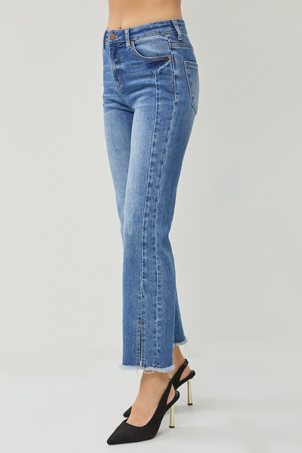 RISEN High Waist Raw Hem Slit Straight Jeans - In Style Chics Boutique LLC