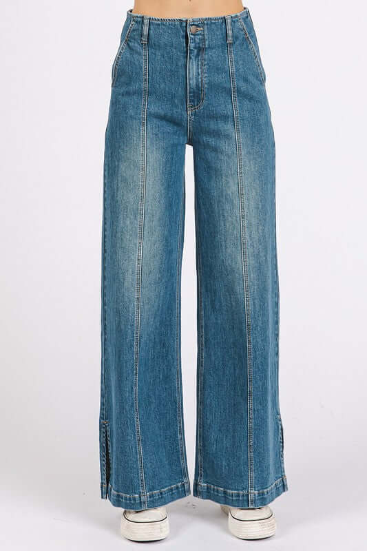 Mittoshop Medium Wash Seam Detail Wide Leg Denim Jeans