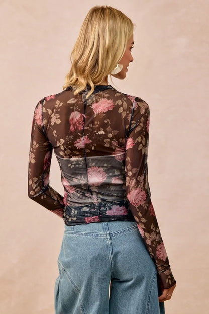 Flower Printed Mesh Lace Top with Thumb Opening at In Style Chics Boutique
