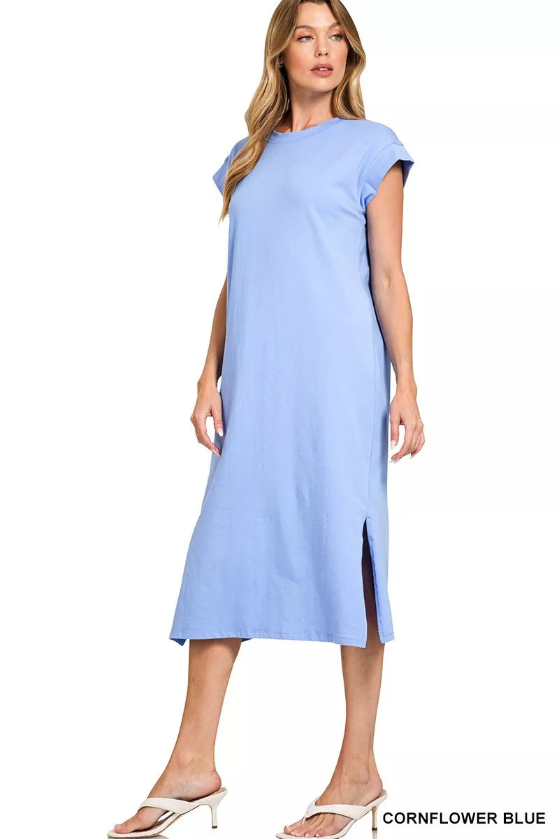 Round Neck Side Slit Midi Dress at In Style Chics Boutique 
