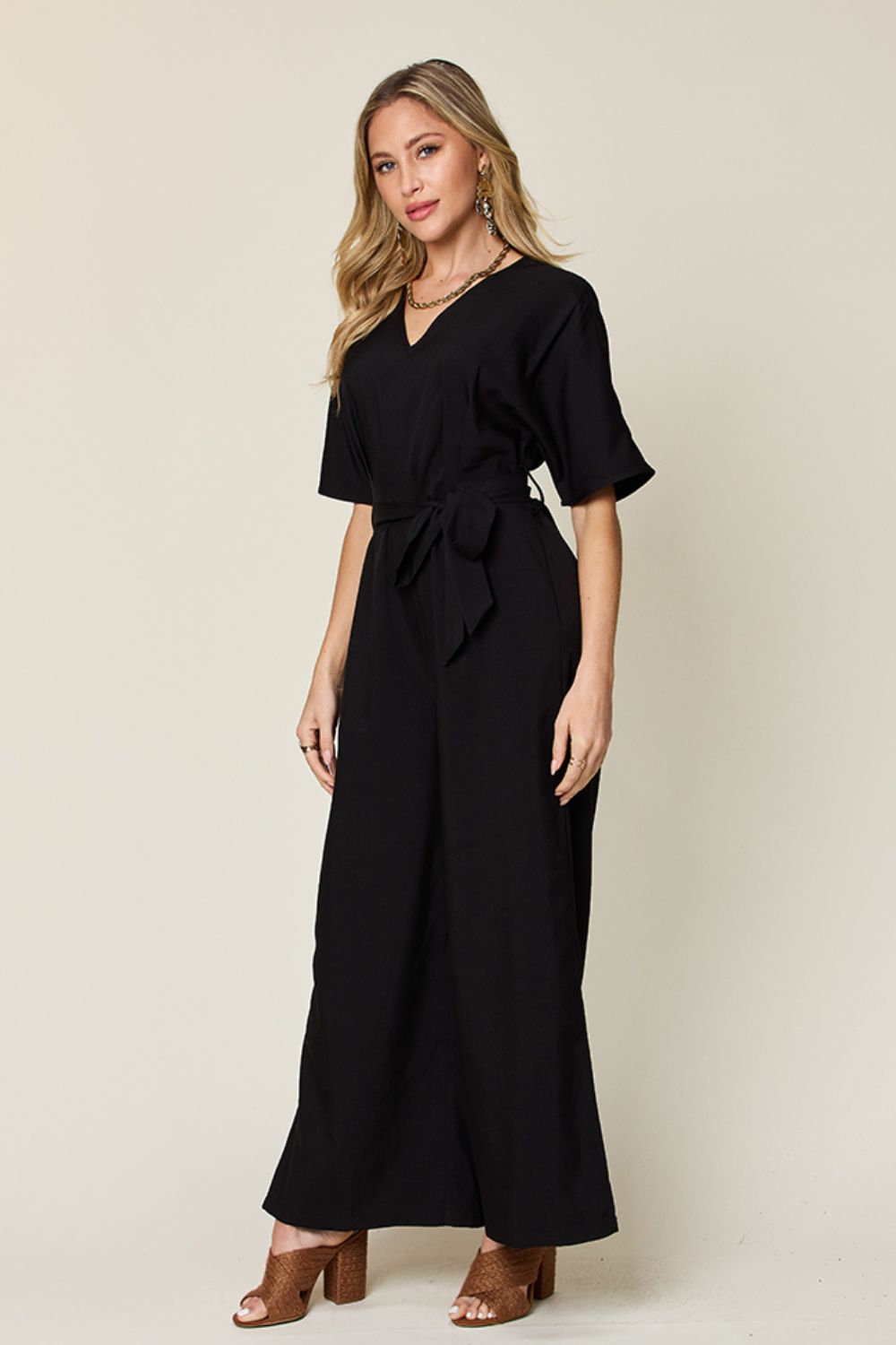 Double Take Full Size V-Neck Tie Front Short Sleeve Slit Jumpsuit - In Style Chics Boutique LLC