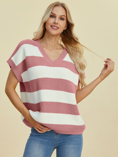 Women's Striped V-Neck Short Sleeve Sweater - In Style Chics Boutique Online Clothing 