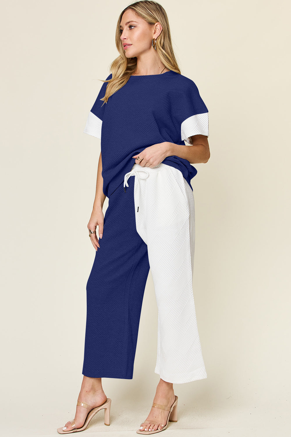 Double Take Full Size Texture Contrast T-Shirt and Wide Leg Pants Set - More Colors! - In Style Chics Boutique LLC