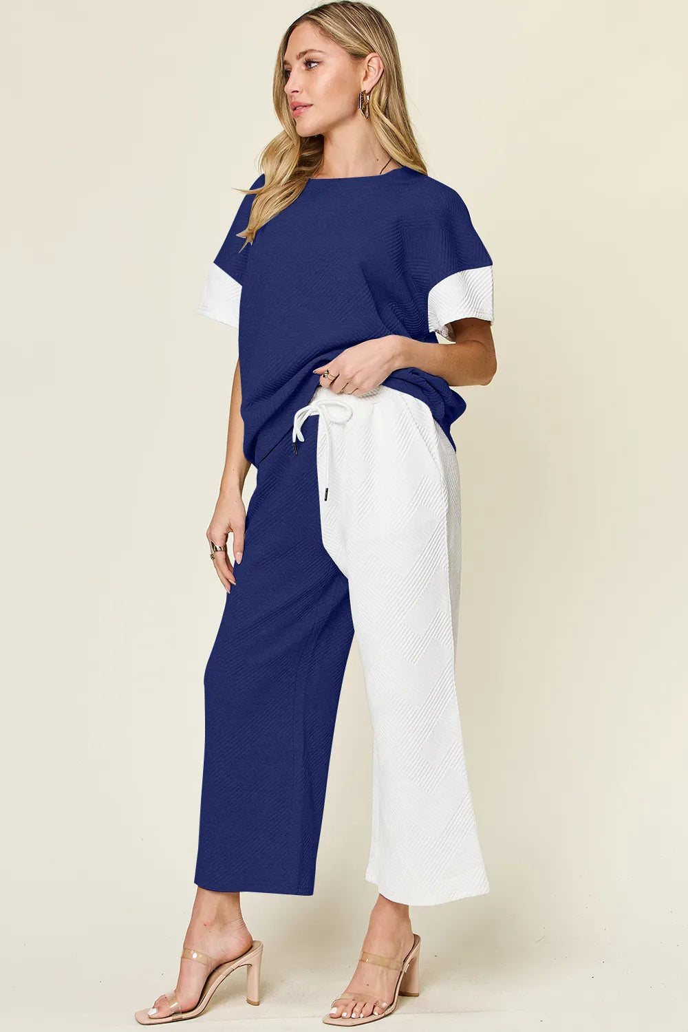 Textured Contrast T-Shirt and Wide Leg Pants Set - In Style Chics Boutique Women's Clothes 