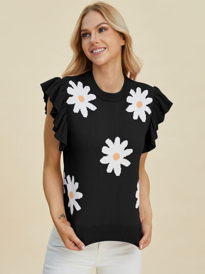 Ruffled Flower Round Neck Cap Sleeve Sweater - In Style Chics Boutique - Shop Online Plus Size Clothing 