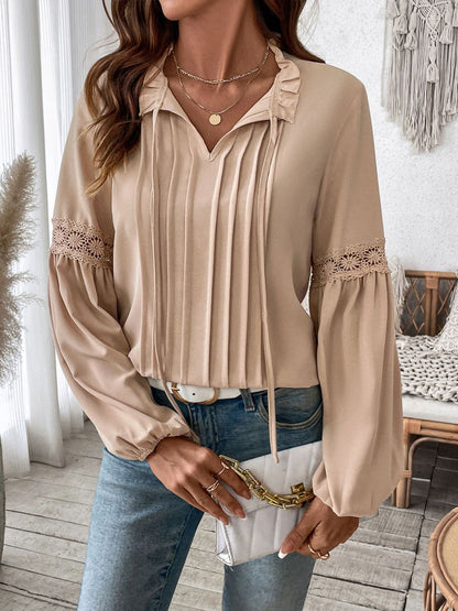 Perfee Frill Tie Neck Long Sleeve Blouse - In Style Chics Boutique LLC