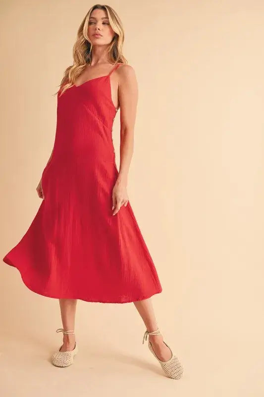 Side Button Midi Red Cami Dress - In Style Chics Boutique Women's Juniors Apparel Online 