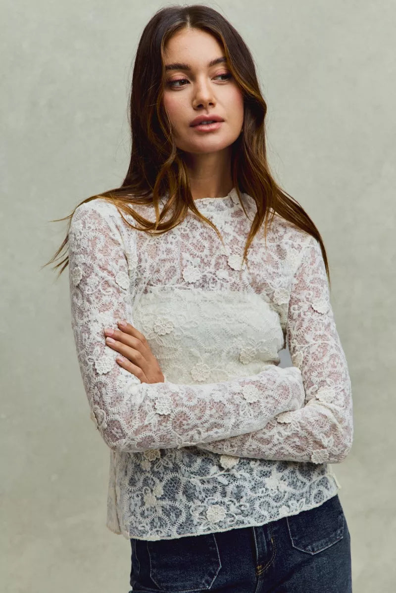 Lace Long Sleeve 3d Effect Floral Layering Top in off white 
