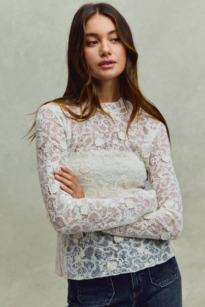Lace Long Sleeve 3d Effect Floral Layering Top in off white 