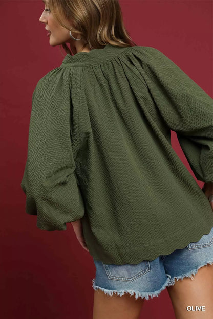 Textured Blouse, Notched Balloon Sleeve  at In Style Chics Boutique 