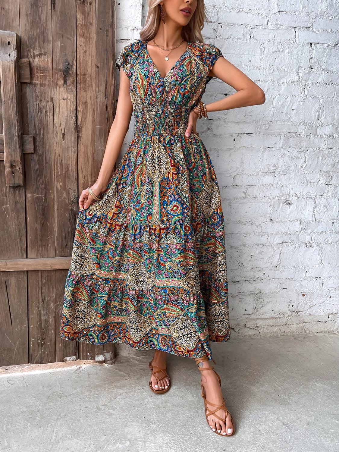 Smocked Printed Cap Sleeve Midi Dress - In Style Chics Boutique LLC