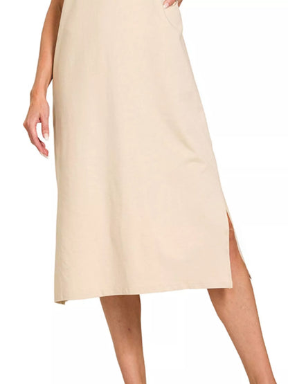 Midi Dress in Sand Beige with Round Neck and Side Slit at In Style Chics Boutique 