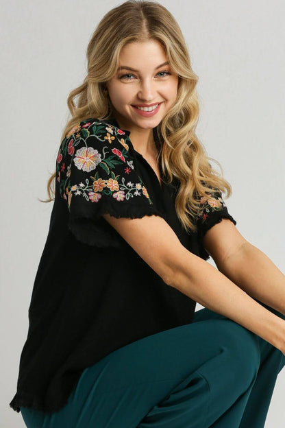 Linen Shirt with Embroidered Sleeves - Cute Clothing - In Style Chics Boutique Online Women's Juniors Plus Size Apparel