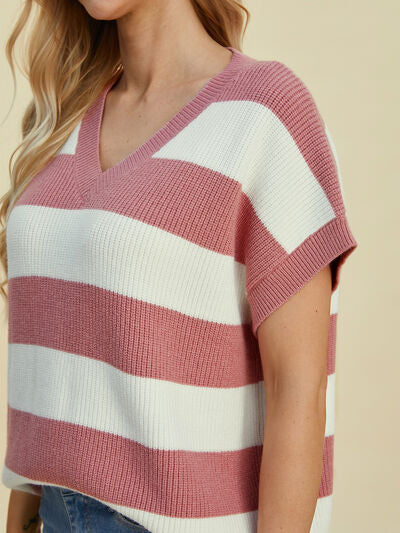 Women's Striped V-Neck Short Sleeve Sweater - In Style Chics Boutique Online Clothing 