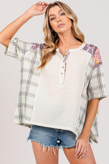 SAGE + FIG Plaid Half Button Gauze Top - In Style Chics Boutique LLC