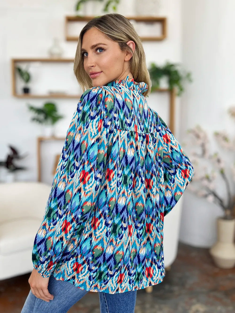 Printed Balloon Sleeve Blouse 💙 Shop Deals at In Style Chics Boutique 