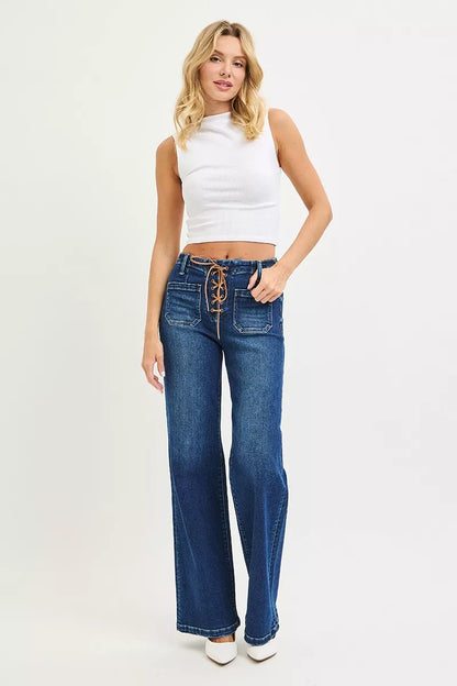 RISEN High Rise Wide Leg Jeans with Front Tie Detail