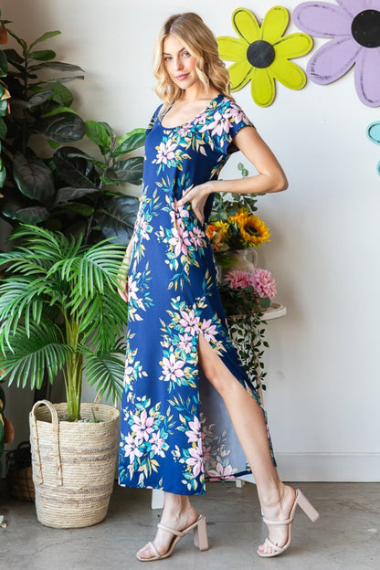 Heimish Full Size Floral Short Sleeve Slit Dress - In Style Chics Boutique LLC