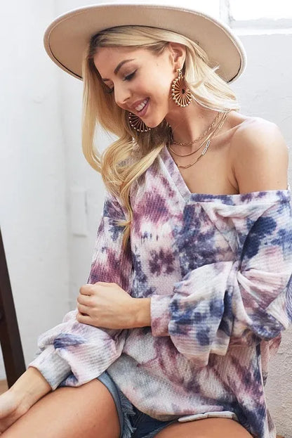 BiBi Tie-Dye V-Neck Long Sleeve Waffle Knit Top