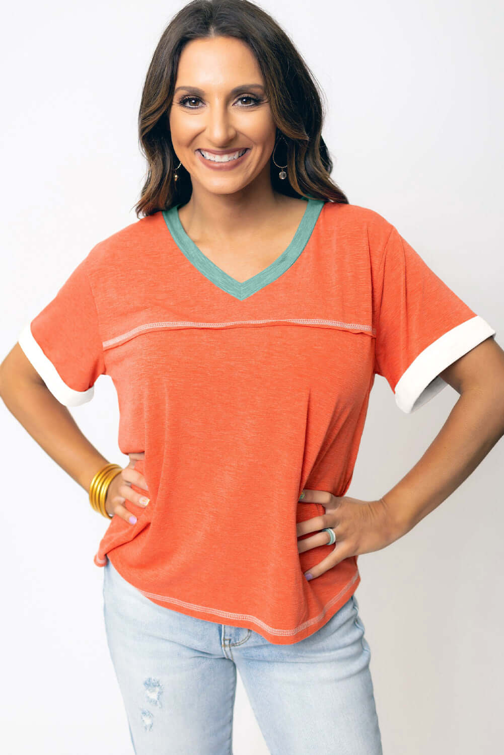 Grapefruit Orange Contrast Trim Exposed Seam V Neck T Shirt - In Style Chics Boutique Cute Clothes Online Women's Juniors 