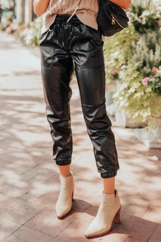 Black Faux Leather Smocked Waist Drawstring Cropped Pants