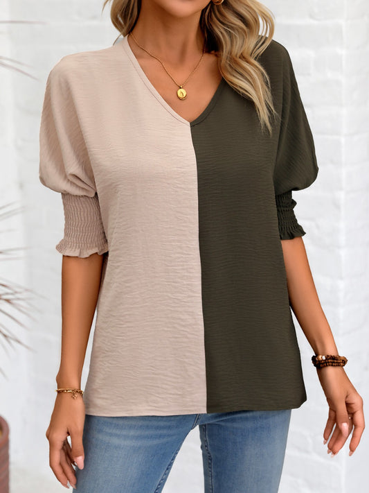 Contrast V-Neck Lantern Sleeve Blouse - More Colors! - In Style Chics Boutique LLC