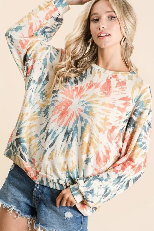 Tie Dye Print Terry Pull Over at In Style Chics Boutique 