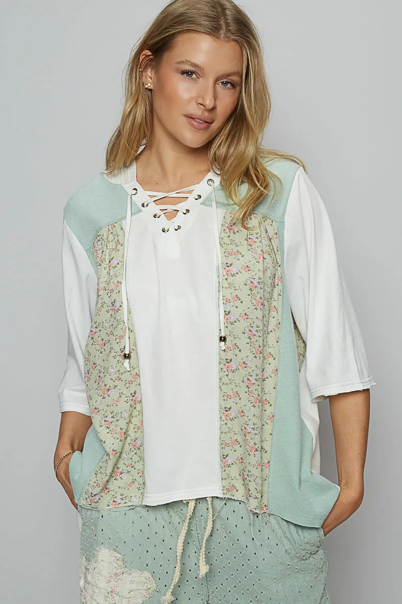 Lace-Up Hooded T-Shirt with Paisley Panel Detail at In Style Chics Boutique 
