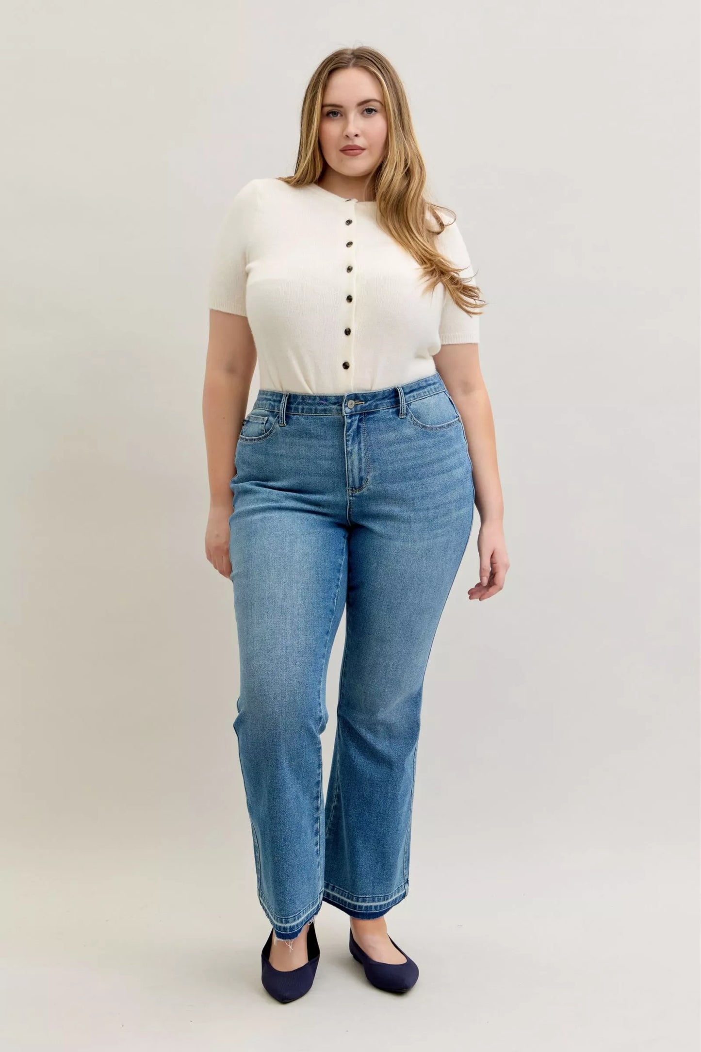 Judy Blue Mid Rise Slim Bootcut Tummy Control Release Hem Jeans 💙 at In Style Chics Boutique 