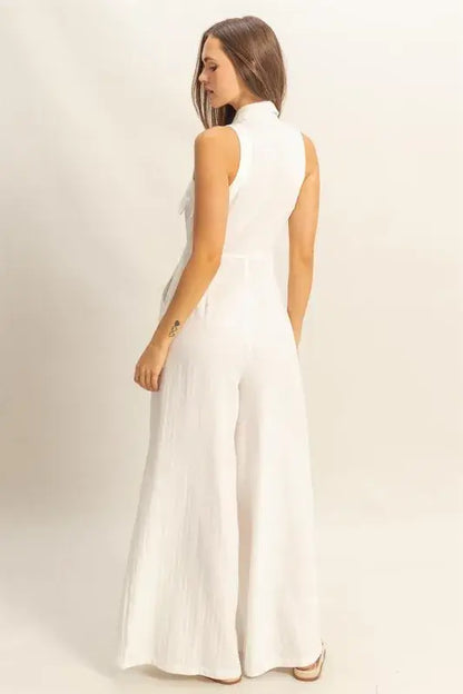 White Jumpsuit - Sleeveless Tie Waist Wide Leg - In Style Chics Boutique Women's Juniors Fashion Style Online 