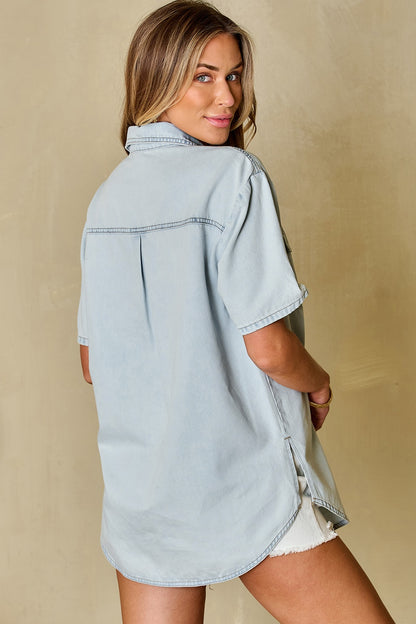 Slit Snap Down Short Sleeve Denim Top - In Style Chics Boutique LLC