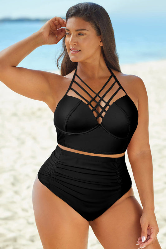 Full Size Halter Neck Crisscross Ruched Two-Piece Swimsuit - Also in Red! - In Style Chics Boutique LLC