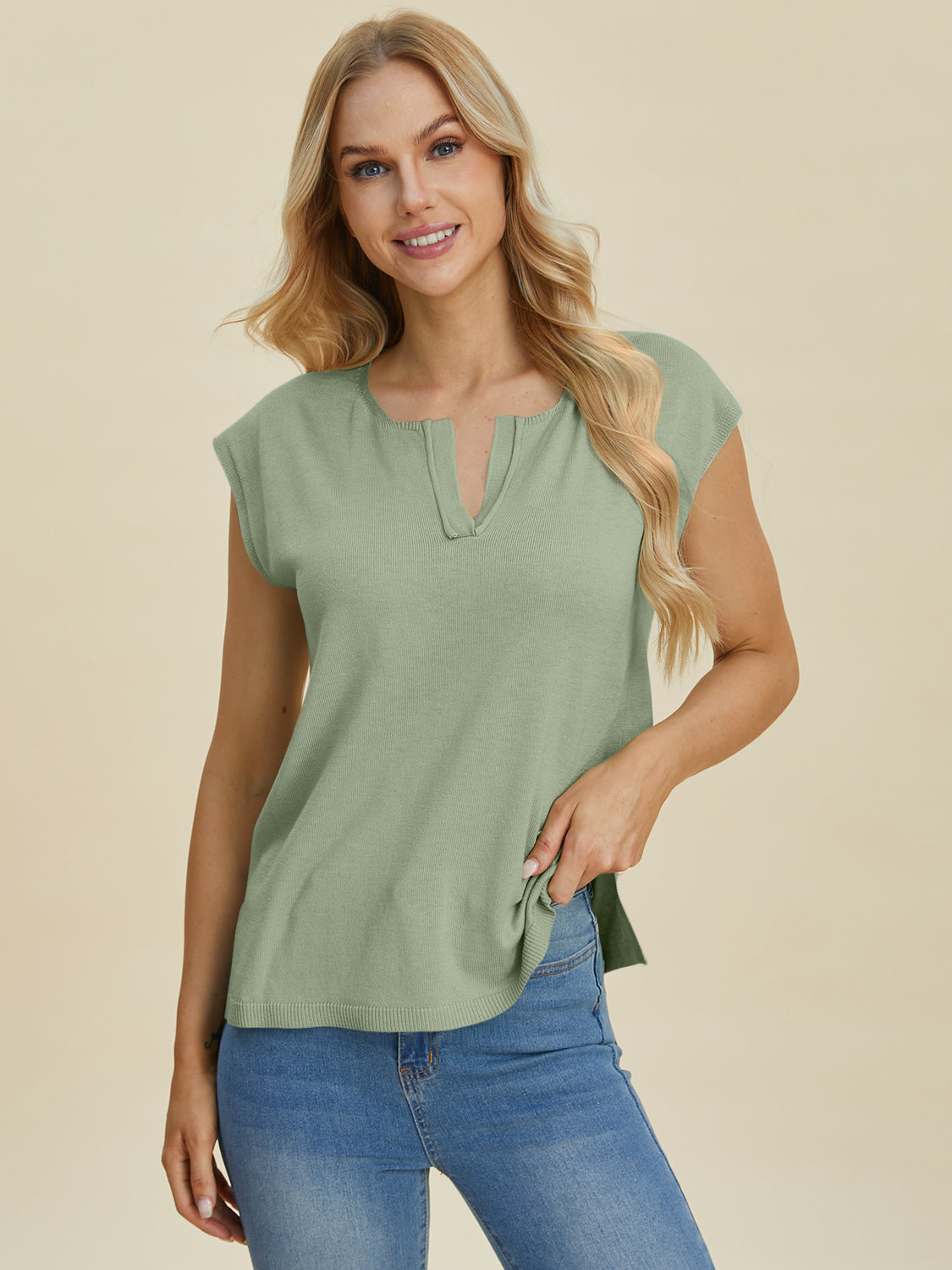 Notched Cap Sleeve Knit Top - In Style Chics Boutique Online Clothing Women's Juniors Plus Size 