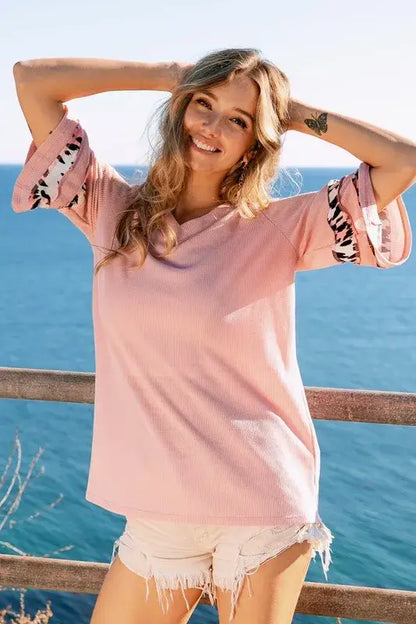 Leopard Print Contrast Tiered Sleeves Thermal Top - In Style Chics Boutique Women's Juniors Cute Clothes Online 