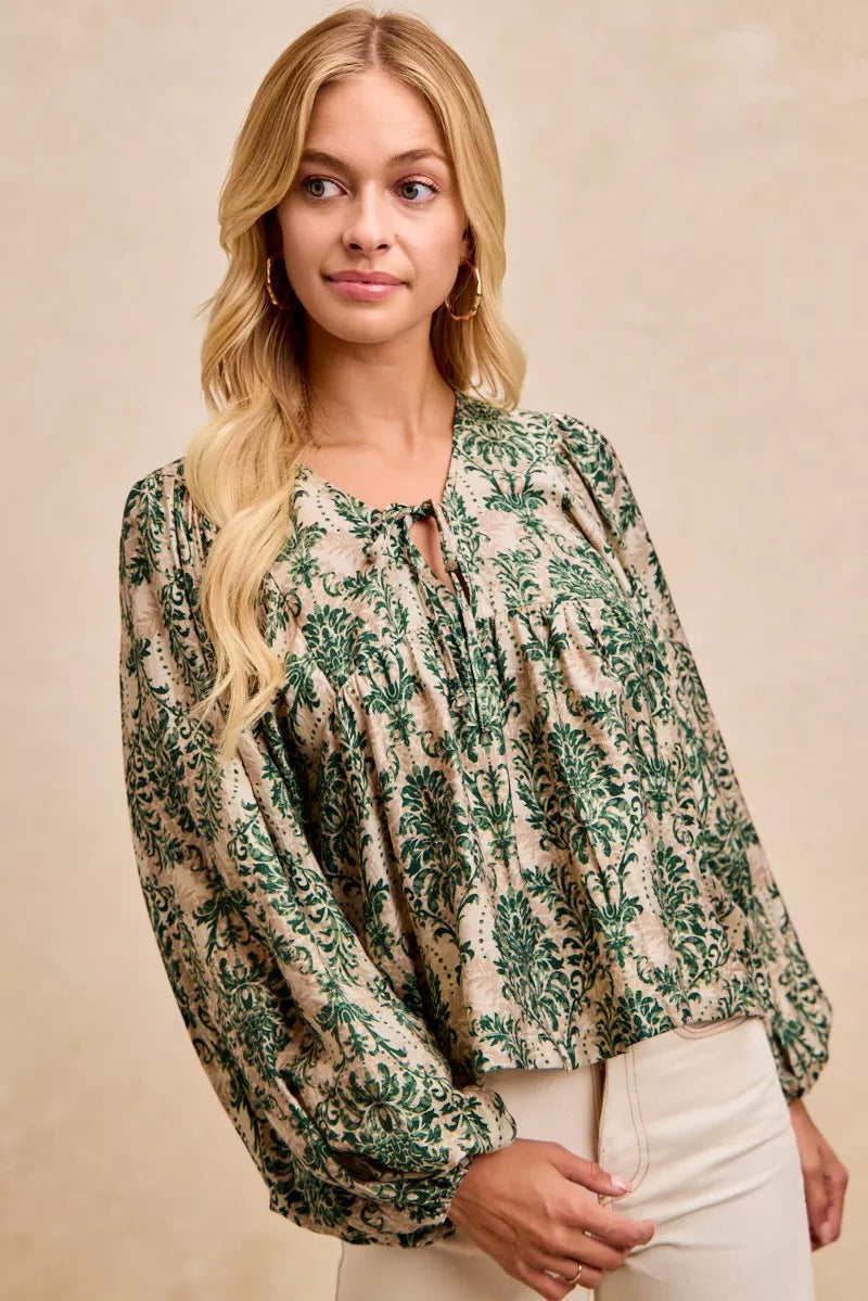 Printed Woven Front Tied Blouse with Balloon Sleeve at In Style Chics Boutique 