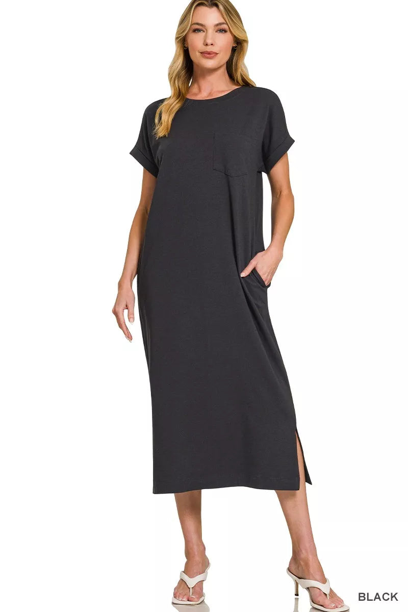 Black T-Shirt Maxi Dress with Pockets – Soft Casual Everyday Style 🖤