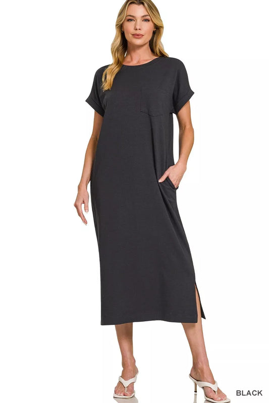 Black T-Shirt Maxi Dress with Pockets – Soft Casual Everyday Style 🖤