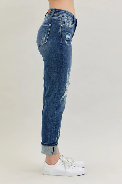 Judy Blue Mid Rise Cuffed Destroy Boyfriend Jeans - In Style Chics Boutique Women's Clothes Online Plus Size 