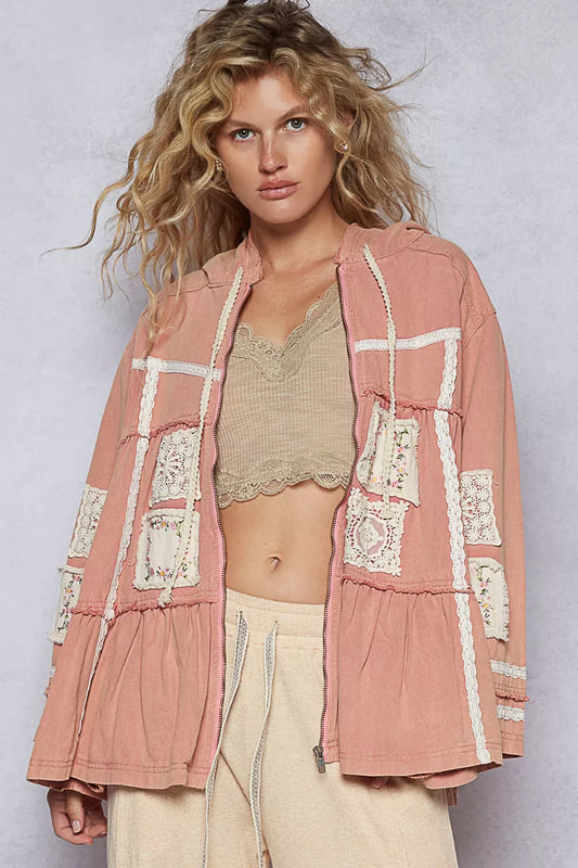 POL Embroidered Patch Hooded Jacket with Lace Detail