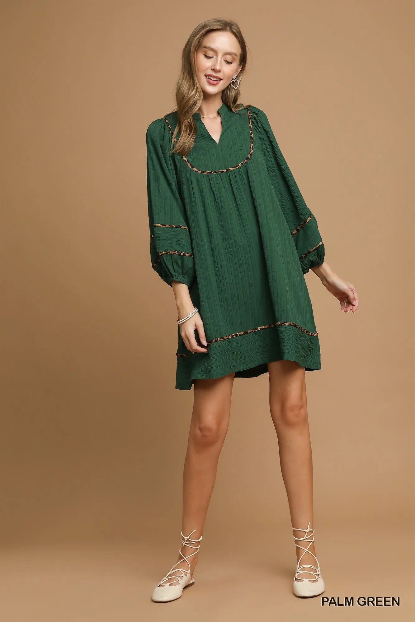 Textured Babydoll Dress with Leopard Trim at In Style Chics Boutique 
