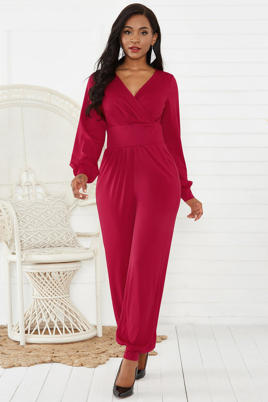 Gathered Detail Surplice Lantern Sleeve Jumpsuit - In Style Chics Boutique LLC