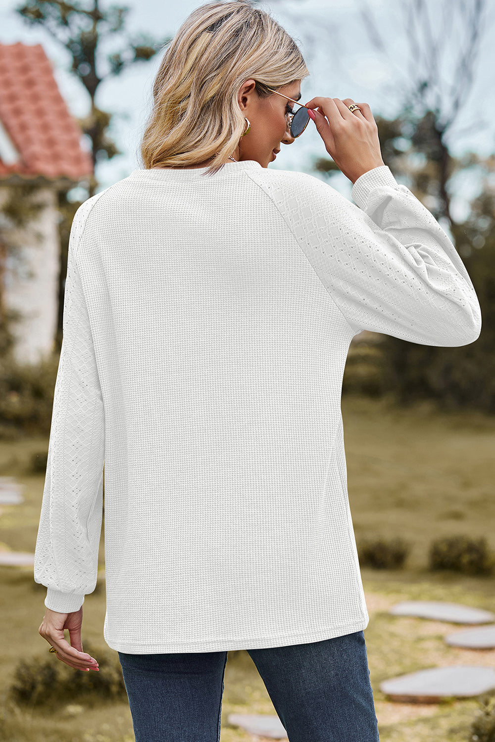 Eyelet Round Neck Long Sleeve T-Shirt - In Style Chics Boutique LLC