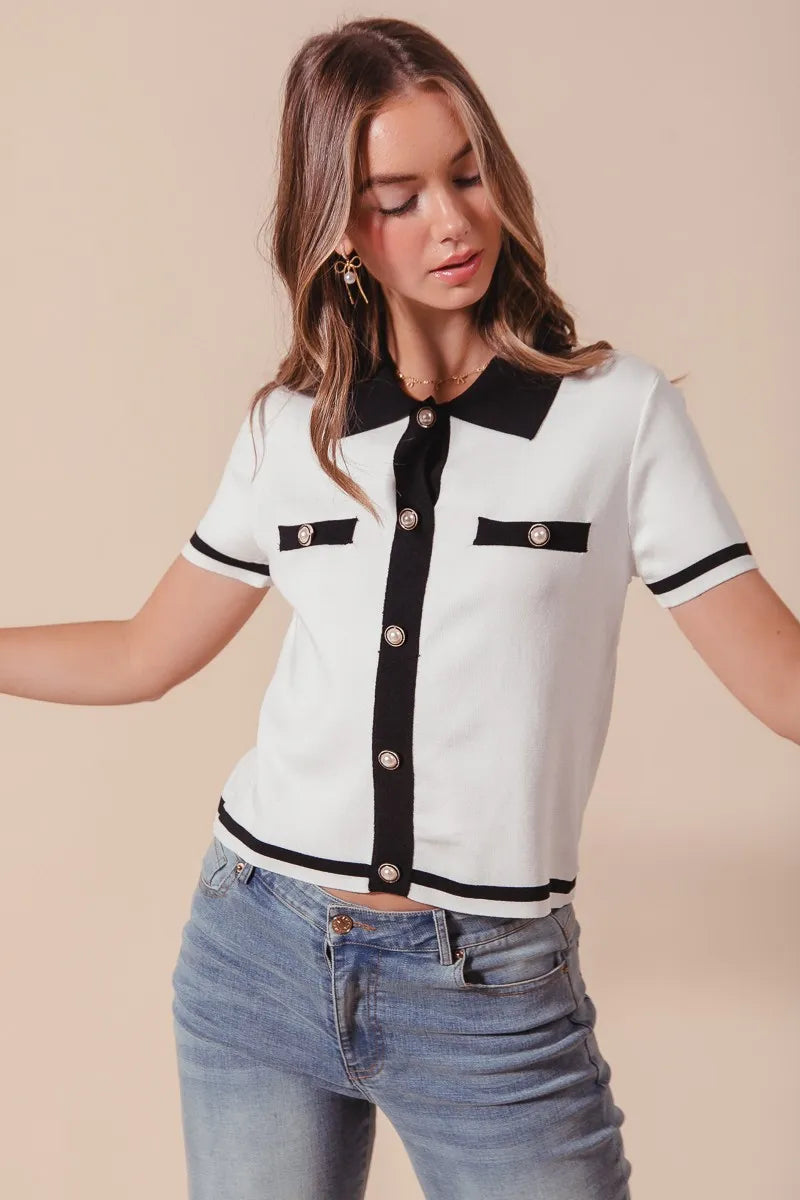 Button Down Knitted Short Sleeve Sweater  at In Style Chics Boutique 