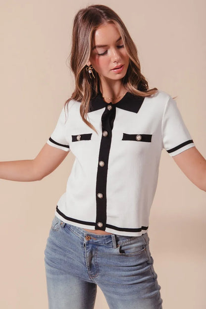 Button Down Knitted Short Sleeve Sweater  at In Style Chics Boutique 