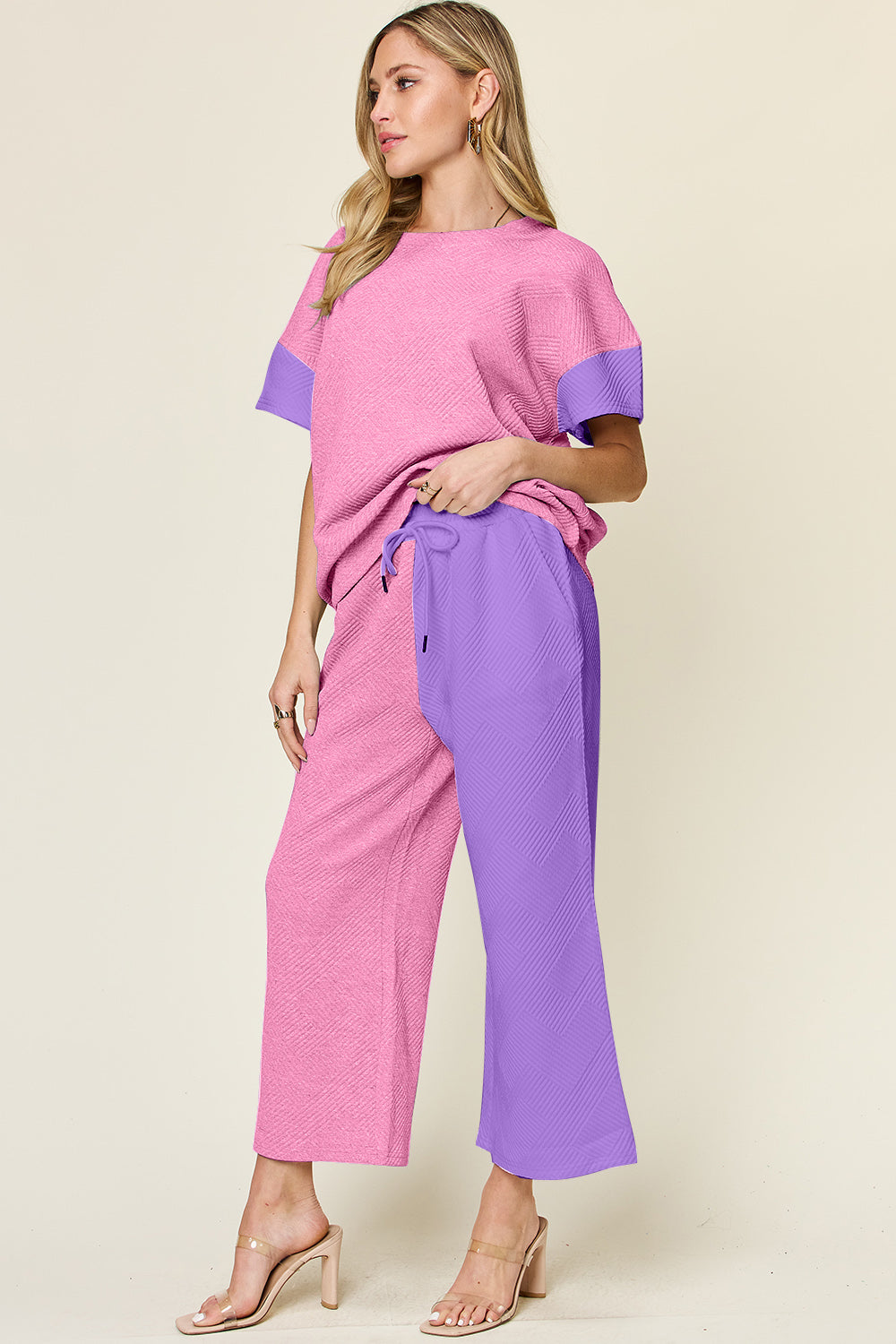 Double Take Full Size Texture Contrast T-Shirt and Wide Leg Pants Set - More Colors! - In Style Chics Boutique LLC