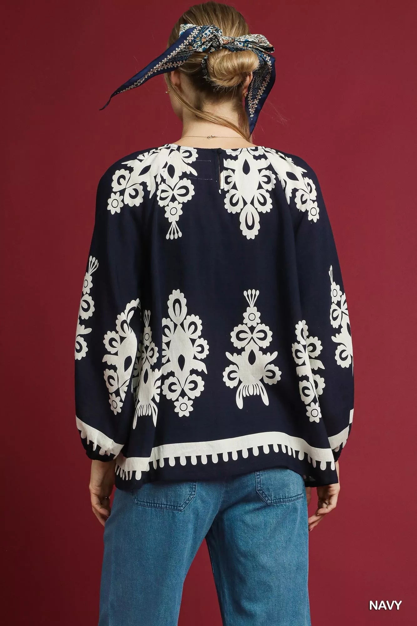 Two Tone Border Print Navy Top with Balloon Sleeves at In Style Chics Boutique