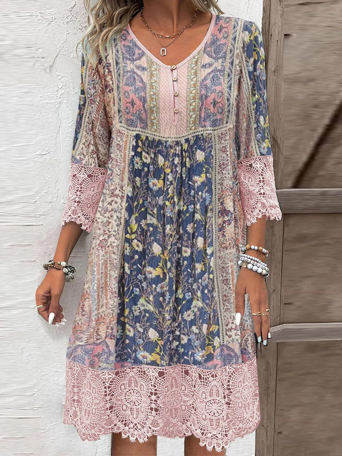 Full Size Lace Detail Printed Three-Quarter Sleeve Dress - In Style Chics Boutique LLC